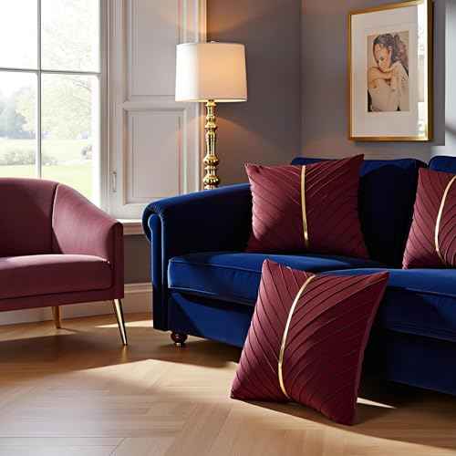 Tosleo Burgundy Velvet Throw Pillow Covers 24x24 inch Pack of 2 with Gold Leather Decorative Couch Pillow Cover Luxury Modern Pillowcases for Living Room Bedroom Sofa Cushion Bed