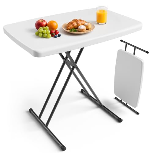 Plastic White 30-Inch Folding Table with 3-Height Settings - Heavy Duty Portable Desk for Camping, Home, Office, and Outdoor Use - No Assembly