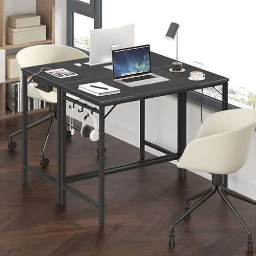HOOBRO Rustic Brown & Black 31.5 Inch Computer Desk with Power Outlet & USB Ports - Small Home Office Table, Study or Gaming Desk, Easy Assembly BF40UDN01