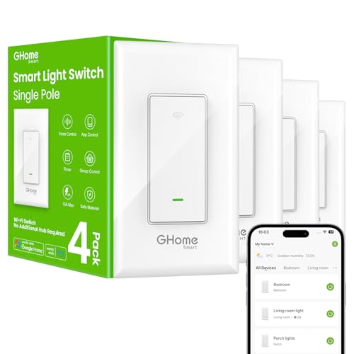 Single Pole WiFi Smart Light Switch 4 Pack - Compatible with Alexa & Google