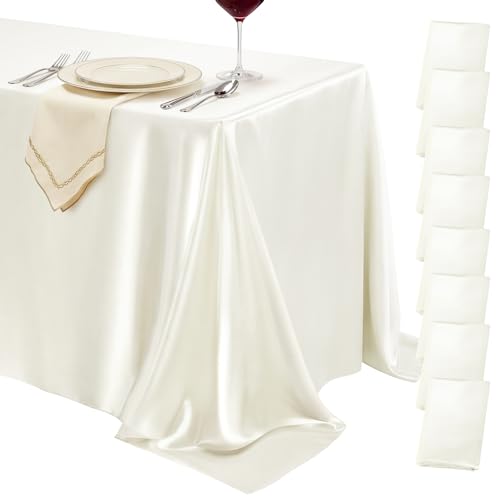 Ivory Satin Tablecloth 58x102 Inch Set of 8 - Elegant Seamless Overlay for Weddings & Events