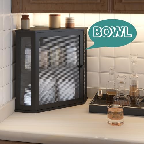 Black Extra Large Corner Bread Box with Bamboo Wood & Acrylic Wavy Door