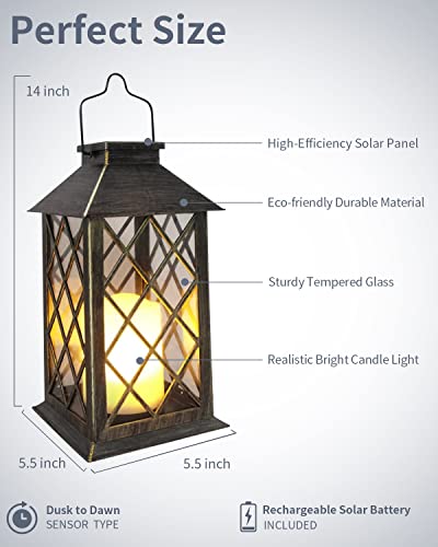 Bronze 14'' Solar Lanterns 2 Pack Waterproof Tempered Glass Outdoor Decor