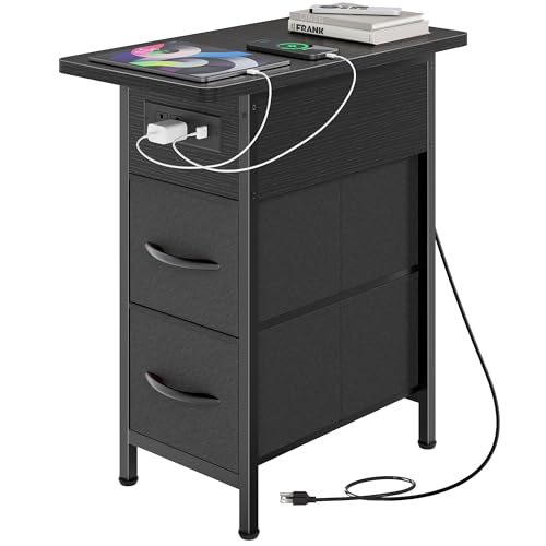 Huuger Black Narrow End Table with Charging Station - Slim Side Table with 2 Drawers