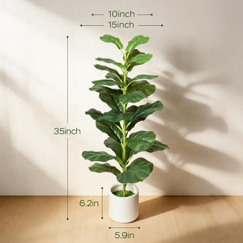 Artificial Fiddle Leaf Fig Tree Set - 35 Inch Indoor Outdoor Faux Plant with Pot, 2 Pack