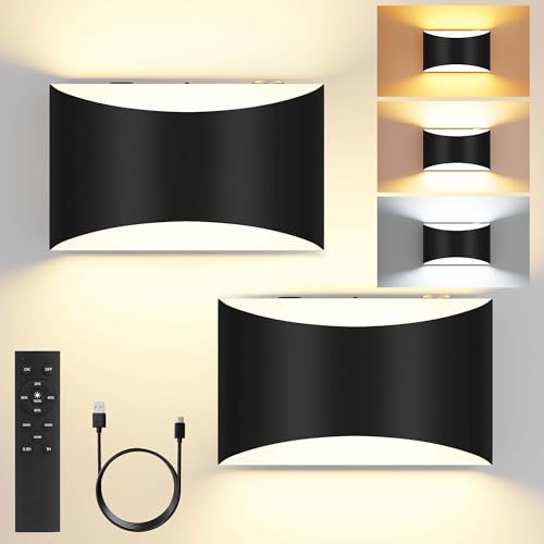Wireless Battery Wall Sconces Set of 2 - Rechargeable Dimmable Black Lighting