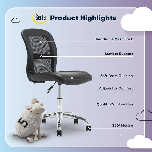 Black Serta Armless Mesh Office Desk Chair with Wheels - Ergonomic & Adjustable