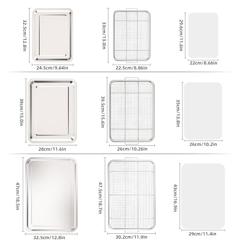 OPENICE 3-Piece Oven Air Fryer Basket and Tray Set with Parchment Paper, 12.8x9.6, 15.6x11.6, 18.7x12.8 Inches