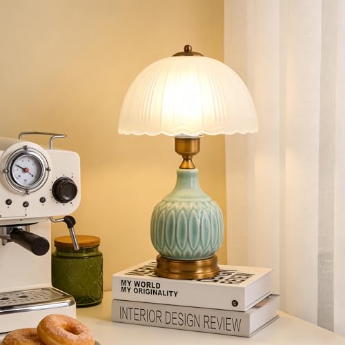 Retro Ceramic Table Lamp 15" Green Glass Shade for Living Room & Bedroom, WELAISA