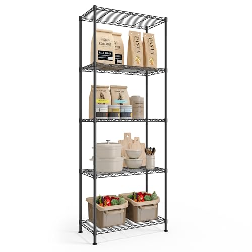 SONGMICS Black 5-Tier Adjustable Wire Shelving Unit with 8 Hooks, 11.8"D x 23.6"W