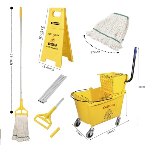 35 Quart Commercial Mop Bucket with Wringer on Wheels - Heavy Duty Floor Cleaning