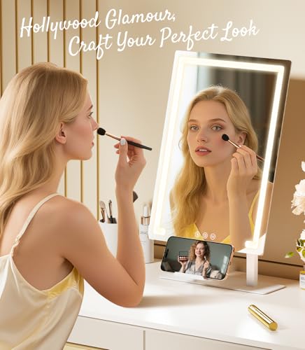 Gospire Lighted Makeup Mirror with 4000mAh Rechargeable Battery, 19.7" x 11.8" - Hollywood Vanity Mirror with 70° Swivel & Magnification