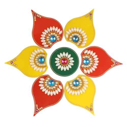 Handmade Deepak Red Acrylic Diwali Rangoli with Laxmi Charan Pagla | Floor & Table Diwali Decoration with Studded Stones & Sequins | Traditional Festive Home Door Rangoli D?cor (Multi)