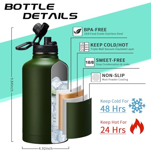 Army Green 64oz Insulated Water Bottle with Straw & Auto Spout, Paracord Handle