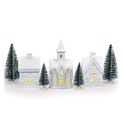 Mark Feldstein 7-Pc White Porcelain Christmas Village Figurines with LED Tea Lights