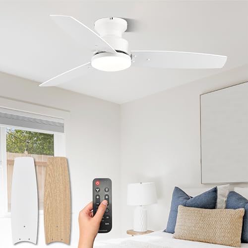 Conciseer 42 Inch Modern Ceiling Fan with Light & Remote - White/Wood Grain, Reversible DC Motor, 6 Speed, Flush Mount, Quiet for Bedroom & Living Room - Variation 1