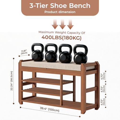 39.4-Inch Entryway Shoe Rack Bench with Adjustable Shelves and Cushioned Seat - Natural Bamboo