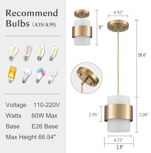 Mini Gold Pendant Light Fixture with Frosted Glass Cylinder - White Cord