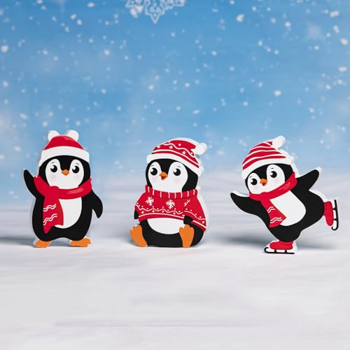 COCHIE Penguin Christmas Decorations Indoor, Cute Penguins Winter Tiered Tray Decor Set of 3, Wooden Penguin Blocks Xmas Table Decoration for Party Home Office Shelf Door (Red)