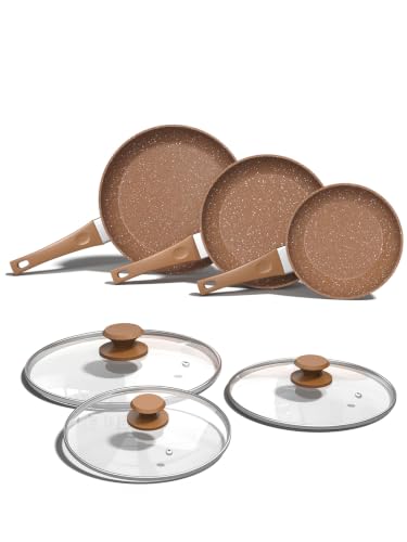 Innerwell Nonstick Ceramic Frying Pans Skillet Set with Lids - Gold, 8/9.5/11 inch