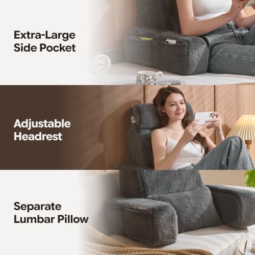 Gray 22-Inch XL Reading Pillow Bed Support with Armrests & 60° Backrest