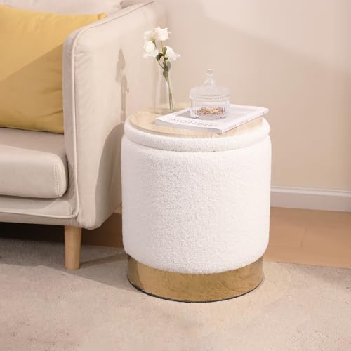 2-Pack White Teddy Storage Ottoman Set with Hidden Compartments, 14.75-inch