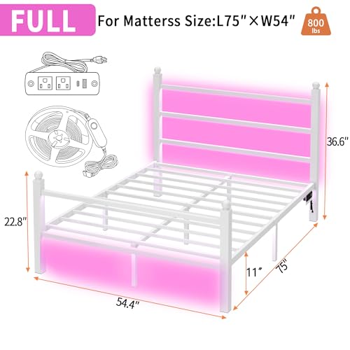 Full Size Bed Frame with Headboard Footboard Steel Slats USB Charging White