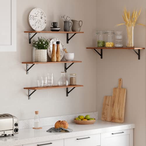 DINZI LVJ Rustic Brown Wall Mounted Shelves Set of 2, 31.5 Inch Long Floating Shelves with Metal Brackets