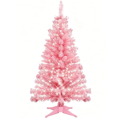Nakolulu 3ft Pink Mini Christmas Tree with 50 LED Lights, 160 Tips, Hinged Branches & Detachable Stand - Pink Christmas Tree