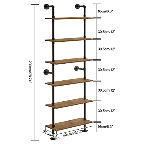 Industrial Pipe Ladder Shelf 6-Tier Wall Mounted Bookcase without Towel Holder - Rustic Brown
