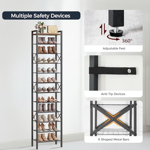 YATINEY Rustic Brown & Black 12-Tier Narrow Shoe Rack, 16.5 x 10.4 x 80.4 inches, Tall Shoe Organizer for Entryway and Closet