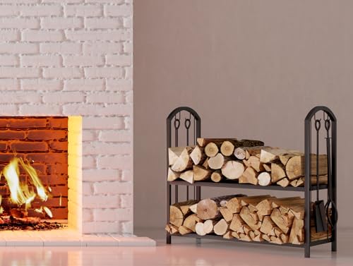 Firewood Log Rack with Fireplace Tools - 31x13x29 Inch Black Wrought Iron