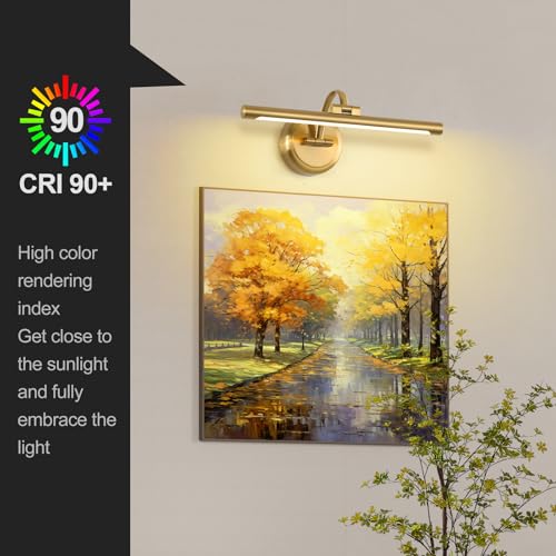 Brass Dimmable Wall Picture Light - 15.75 Inch Adjustable Swing Arm for Artwork
