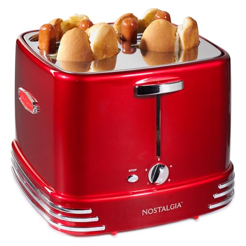 Metallic Red 4 Slot Hot Dog Toaster with Tongs & Adjustable Settings