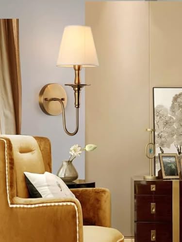 Vintage Gold Wall Sconce Set of 2 with White Fabric Shades - E26/E27 Fixture for Living Room, Hallway, Bedroom