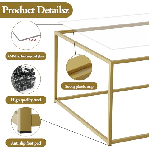 Gold 1-Tier Square Glass Coffee Table - Small Modern Living Room Center Table