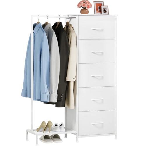White Somdot 2-in-1 Dresser with Hanging Rack and 5 Drawers - Small Closet Organizer