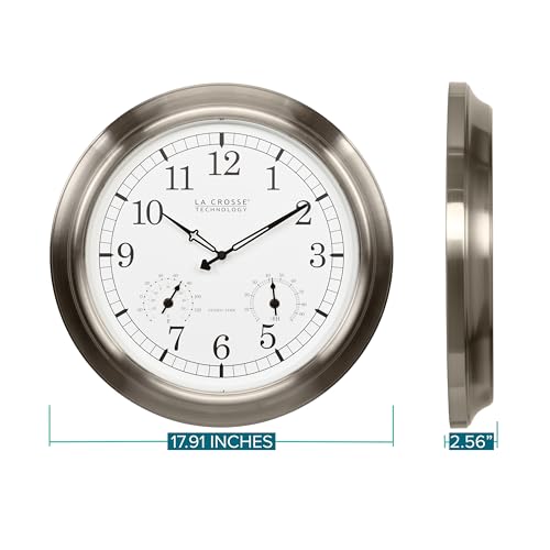 17.9-Inch Indoor/Outdoor Atomic Wall Clock with Stainless Steel Frame & Weather-Resistant Design - Classic Analog Time & Temperature Gauge - Variation: Round Clocks / 18 Inch / Stainless Steel