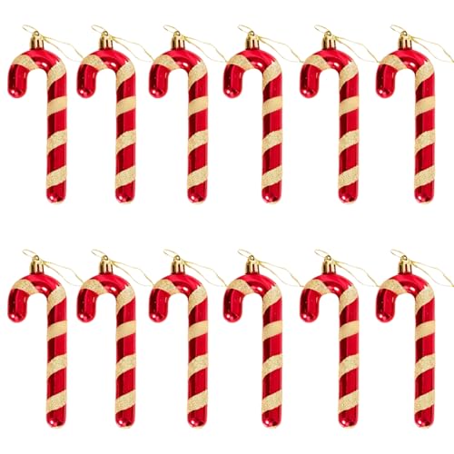 Luyoaozy 12pcs Red-Gold Glitter Candy Cane Christmas Ornaments for Tree Decor