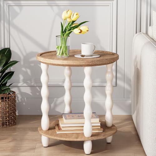 Karlott 18.5-Inch Round 2-Tier Farmhouse Side Table - Beige, Vintage Finish