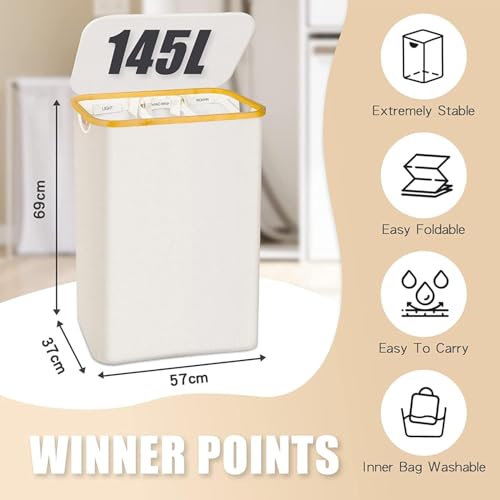 Bathola Beige 145L Large Laundry Hamper with Lid & 3 Removable Bins