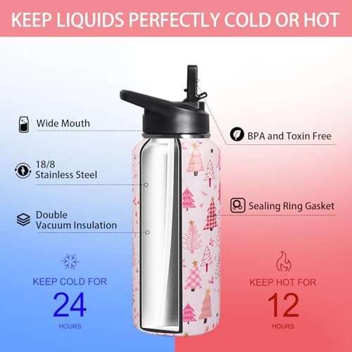 TWBDMKC 32oz Christmas Tree Insulated Water Bottle with Straw - Pink, Gift for Women