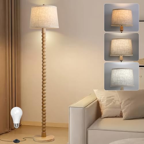 Ruiever Wooden Floor Lamp with 3 Color Changing Bulb - Farmhouse Tall Standing Lamp with Linen Shade, Real Wood Finish, for Living Room & Bedroom