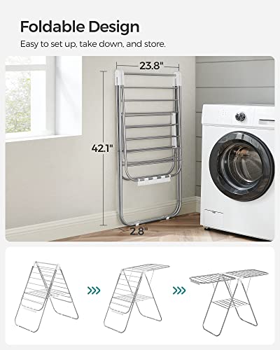 SONGMICS Silver & White Foldable Steel Clothes Drying Rack 1-Tier, Space-Saving Laundry Organizer