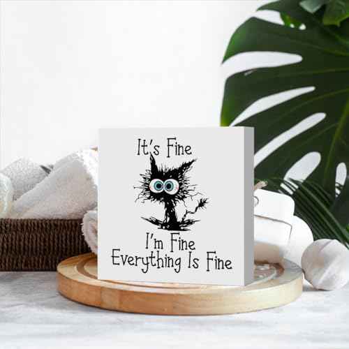 Funny Office Decor Funny Black Cat It's Fine I'm Fine Everything is Fine Wood Box Sign Desk Decoration Cat Desk Accessories Gift for Colleague Gifts Decoration Sign for Office