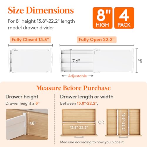 Adjustable 8-Inch Drawer Dividers for Deep Closet and Kitchen Drawers - 13.8-22.2 Inch, 4 Pack