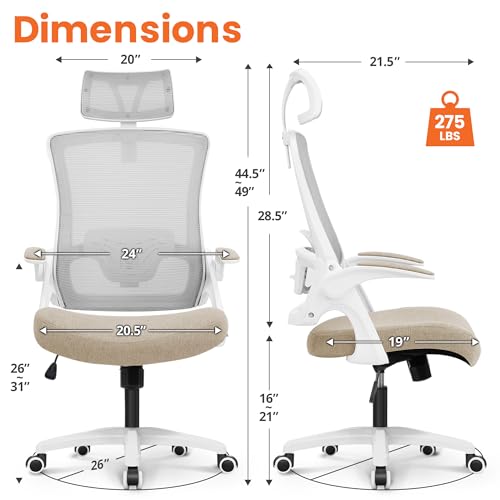 Ergonomic Office Desk Chair with Mesh Headrest & Flip-Up Armrests - Beige