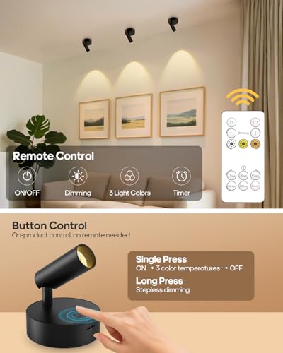 Rechargeable Indoor Spotlight with Remote - Black, 3000mAh, 3 Color Temperatures