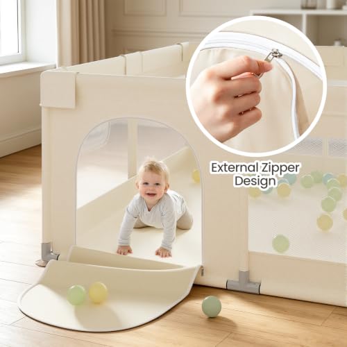 Baby Playpen 47x47 Inch with Mesh Sides, Safety Guard & Storage Pockets - Beige