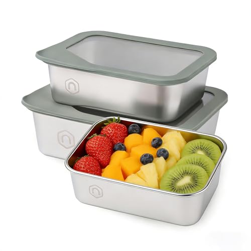 NAYELF 3-Piece Stainless Steel Food Storage Set with Glass Lids - 22/40/74oz Airtight Meal Prep Containers
